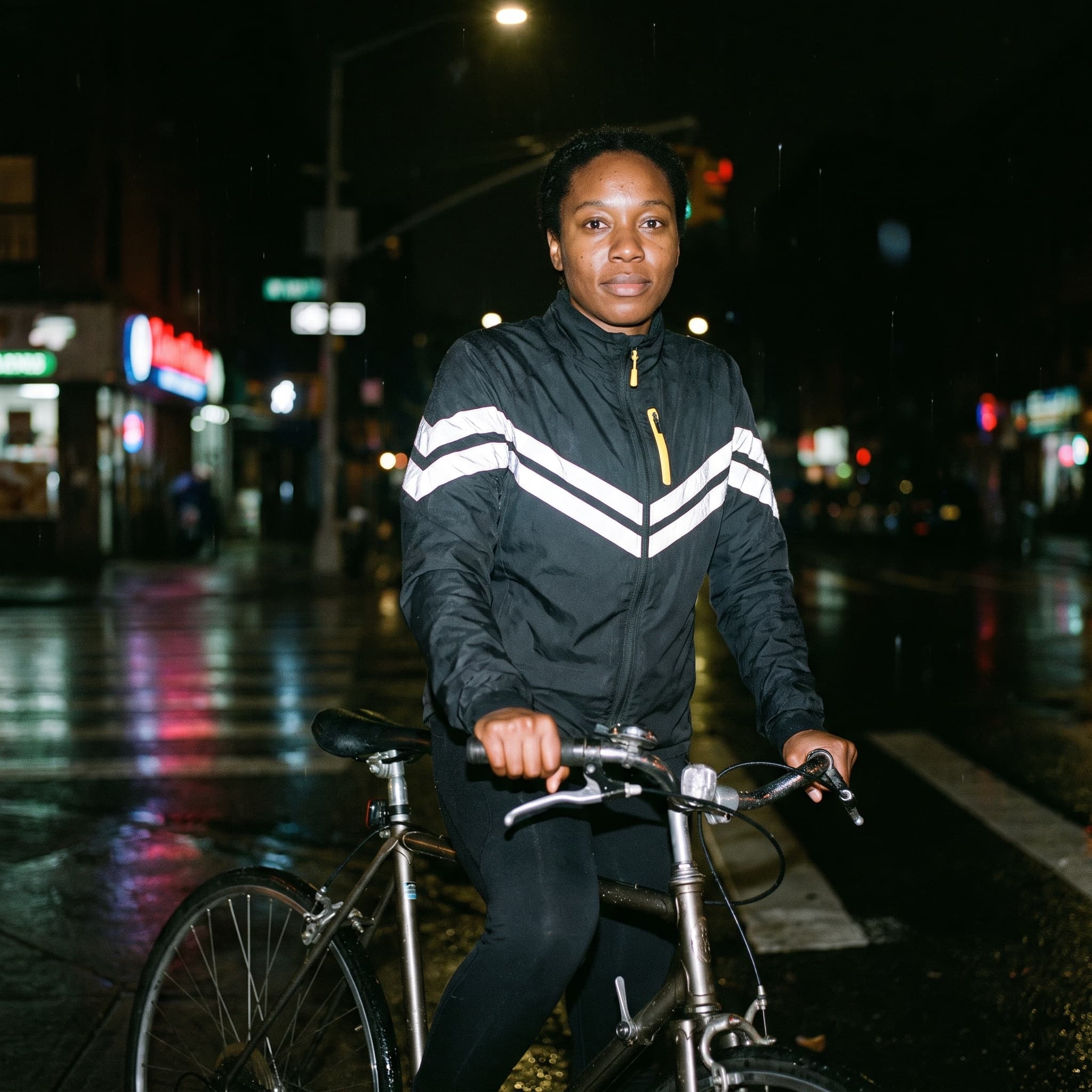 Social ad for Afterlight cycling apparel, a flash portrait of a rider at a rain-slick intersection, reflective chevrons blazing
