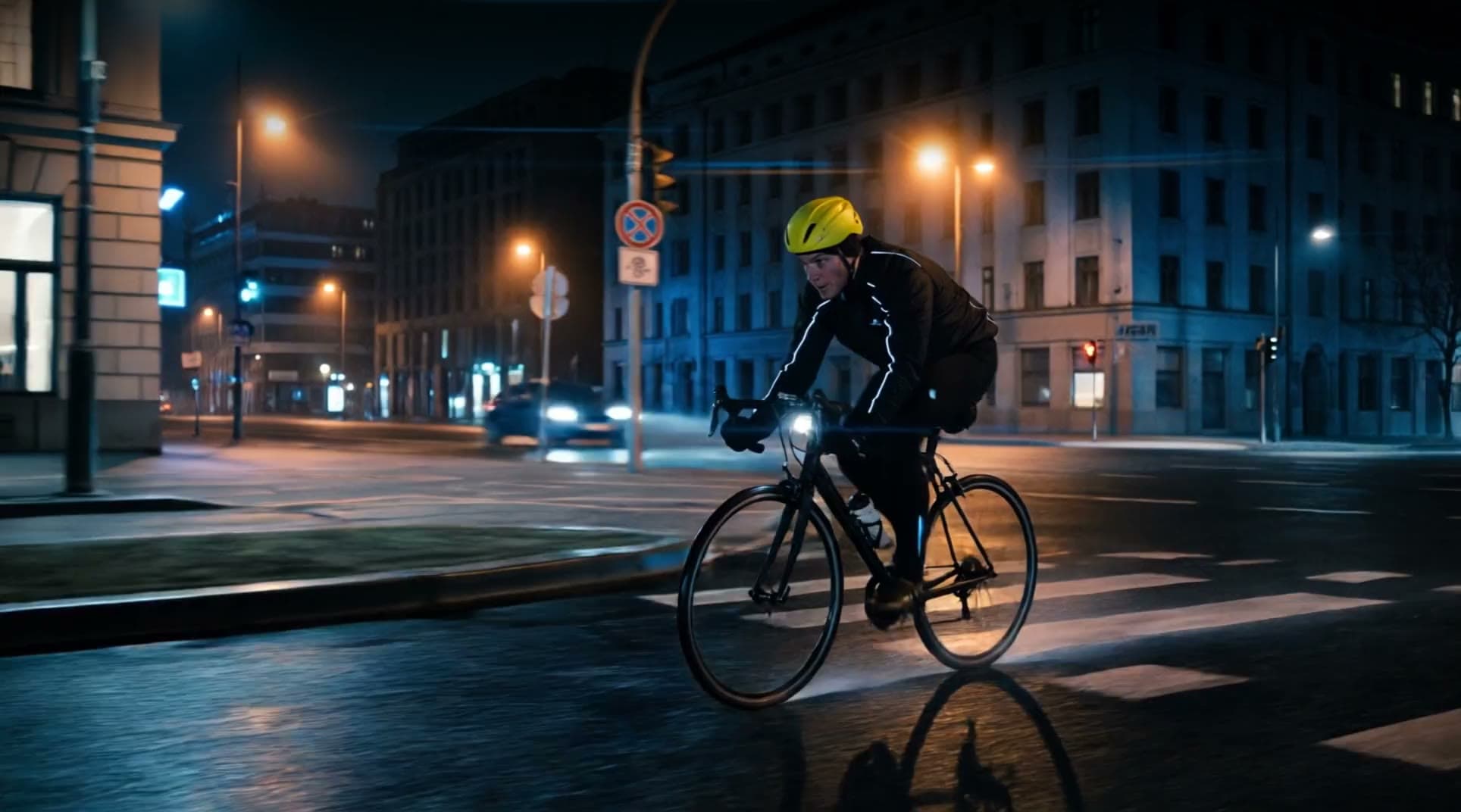 Launch film for Afterlight, a cyclist holding pace through a rain-soaked avenue at night as passing headlights flare her reflective piping