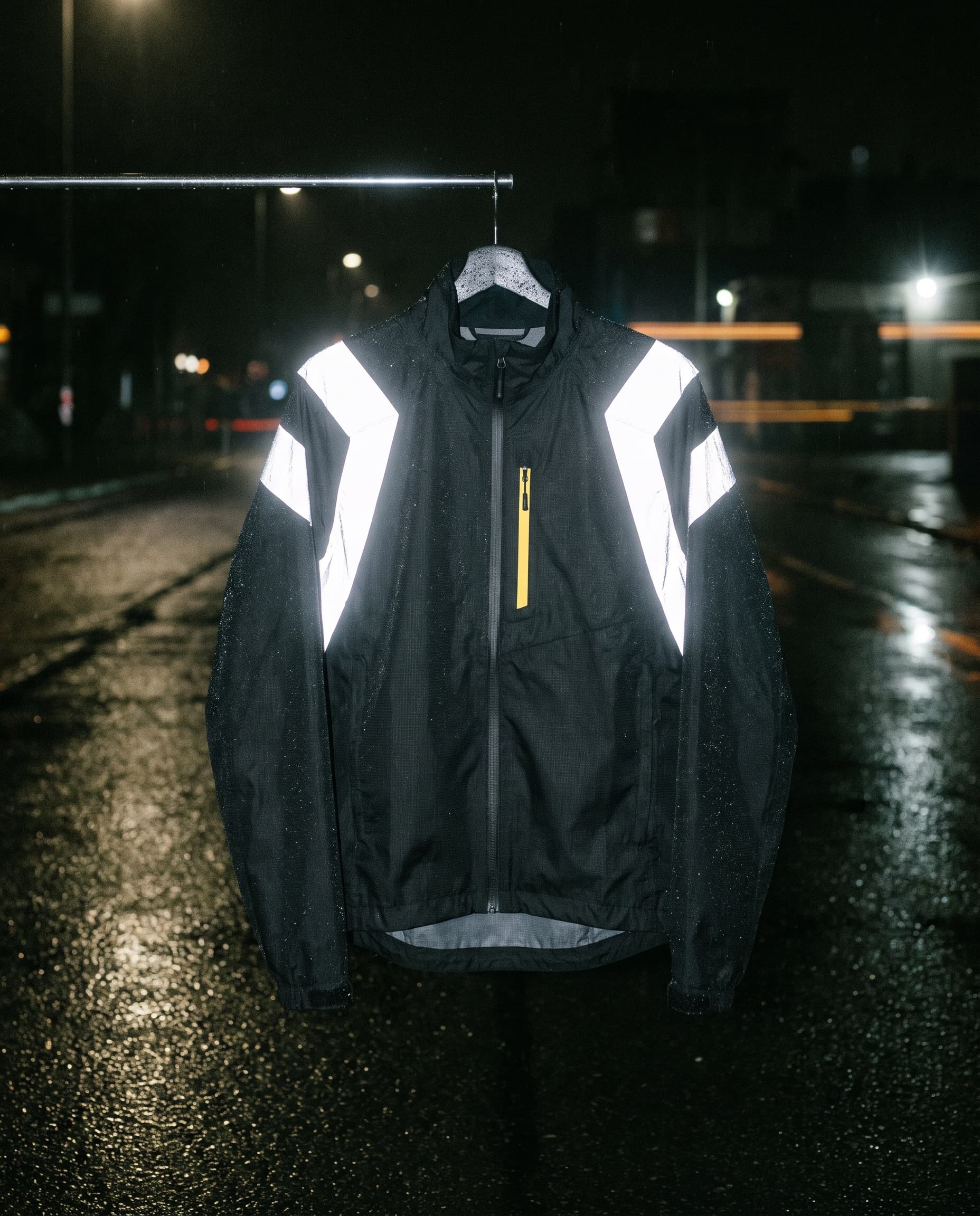 Lookbook still for Afterlight, the reflective commuter jacket on a rail under direct flash, chevrons ignited
