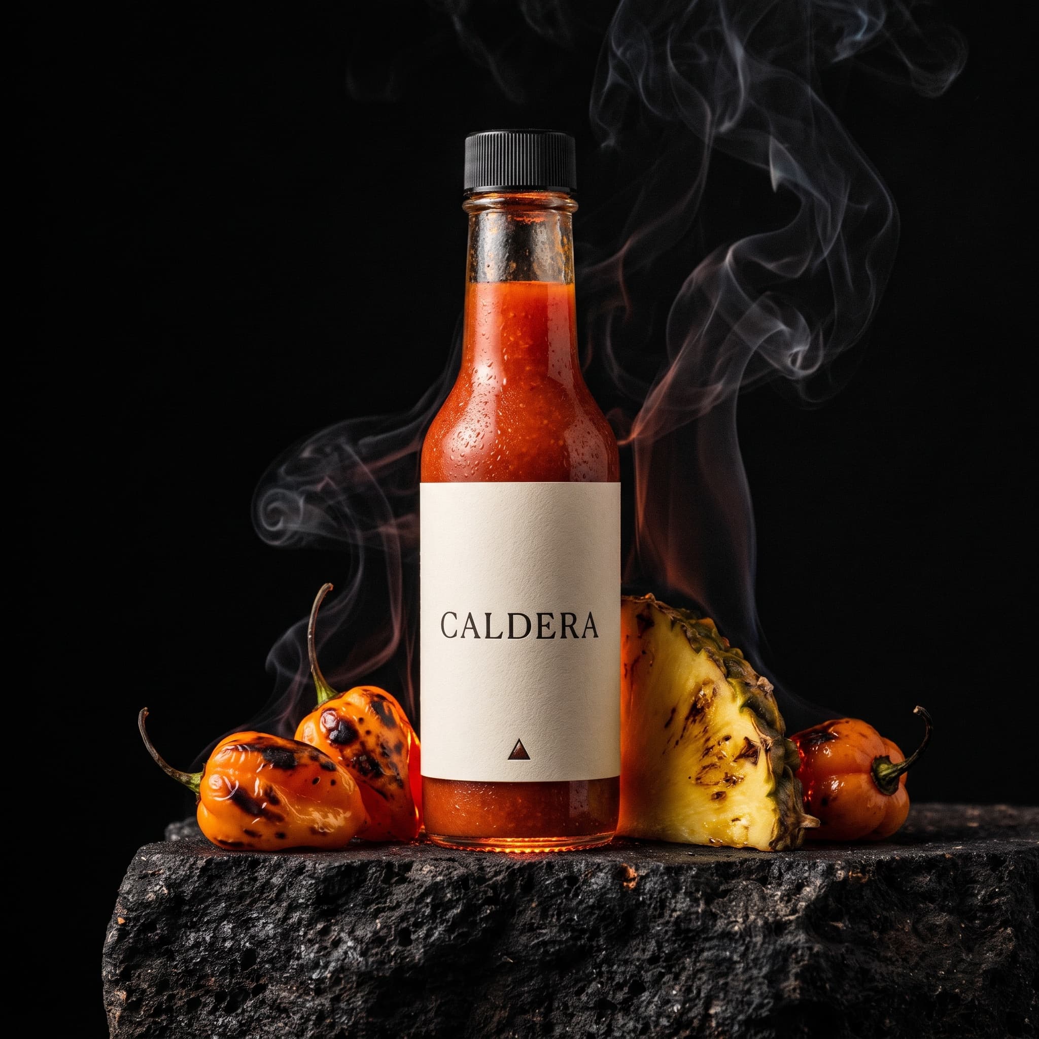Product shot for Caldera, the bottle on volcanic stone with charred habaneros, torched pineapple and smoke