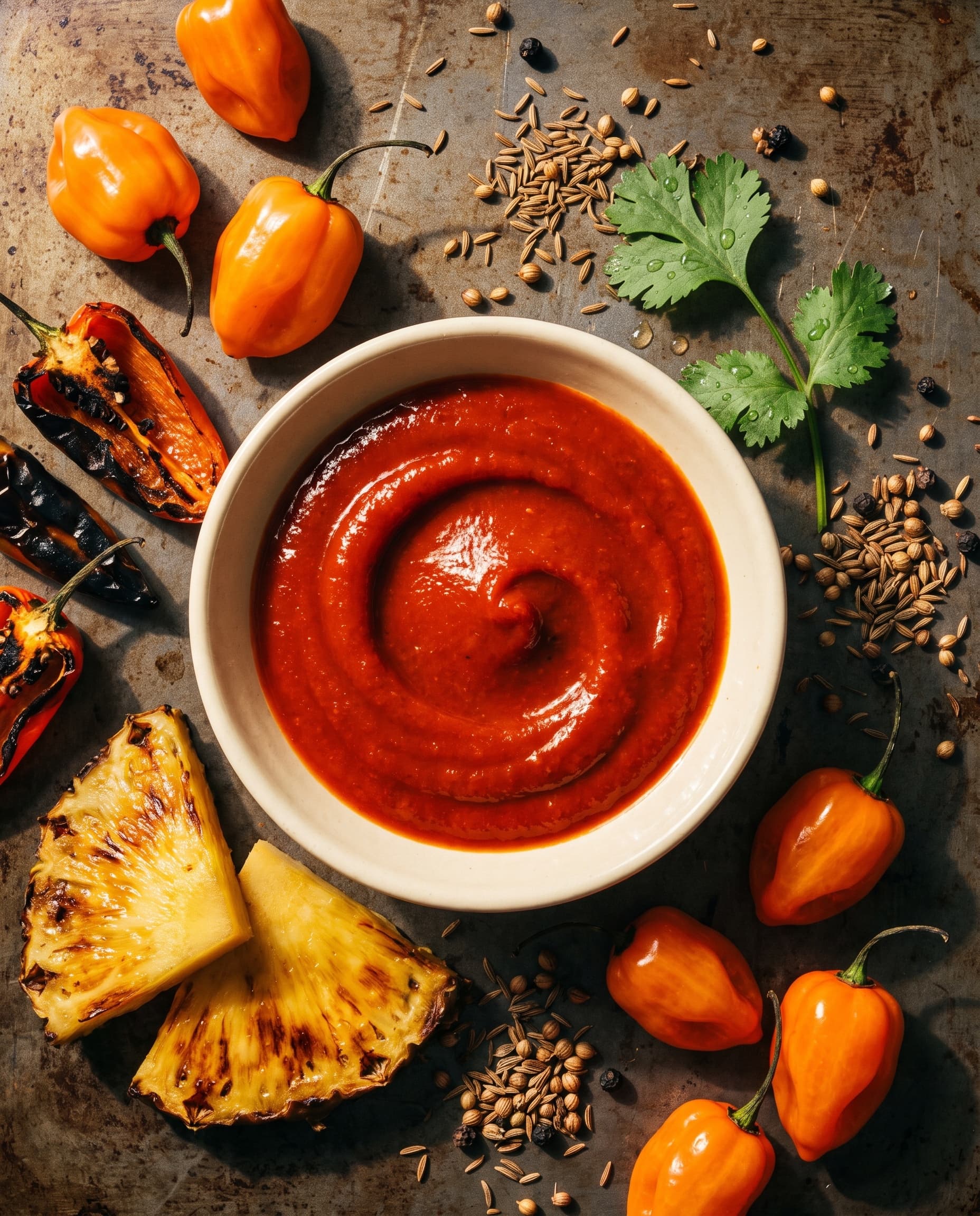 Flat lay for Caldera, a sauce swirl in a cream bowl ringed by habaneros, pineapple and spices on dark stone