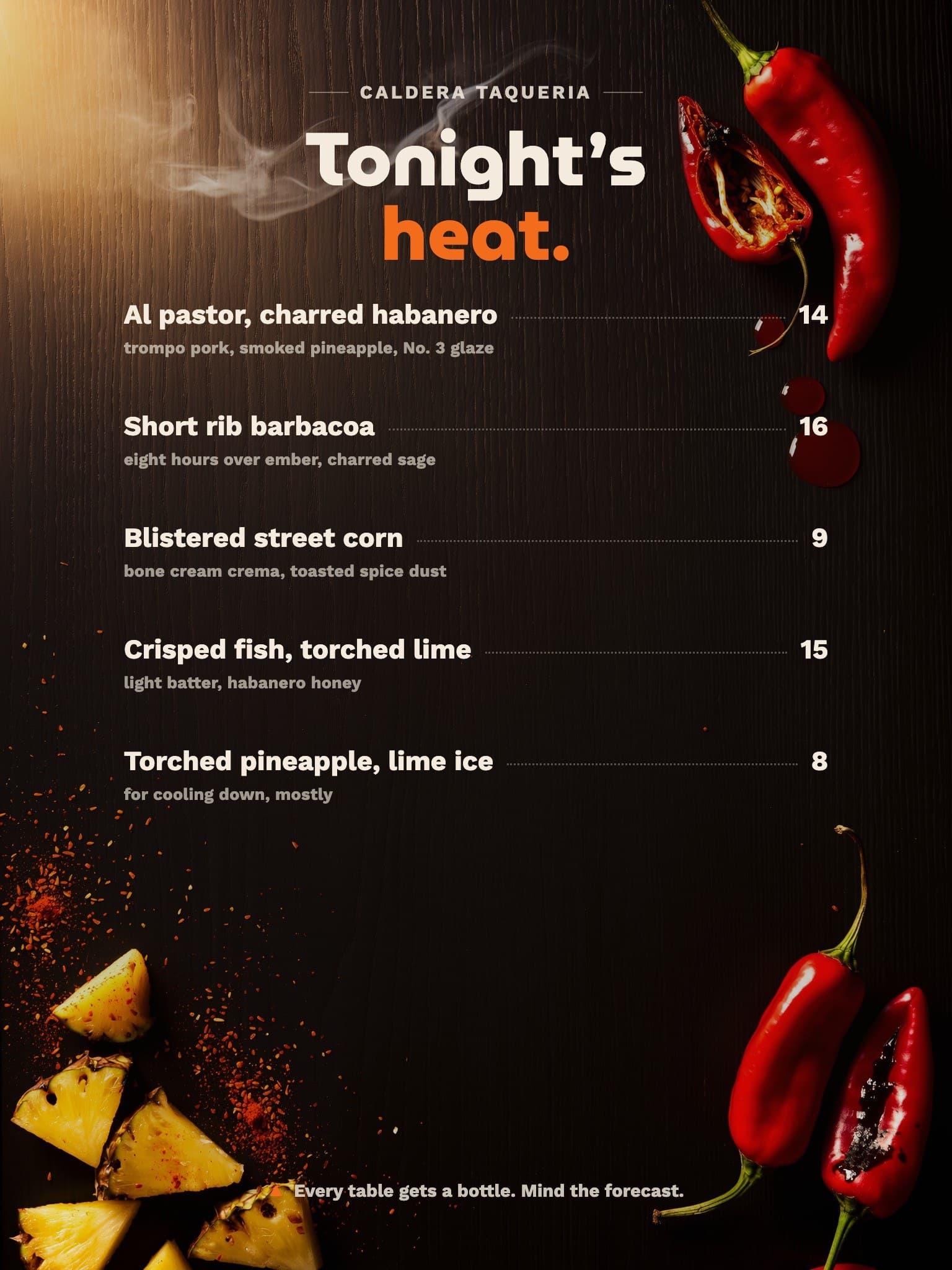 Restaurant menu for Caldera Taqueria, tonight's heat set in real type over a charred oak table with roasted habaneros