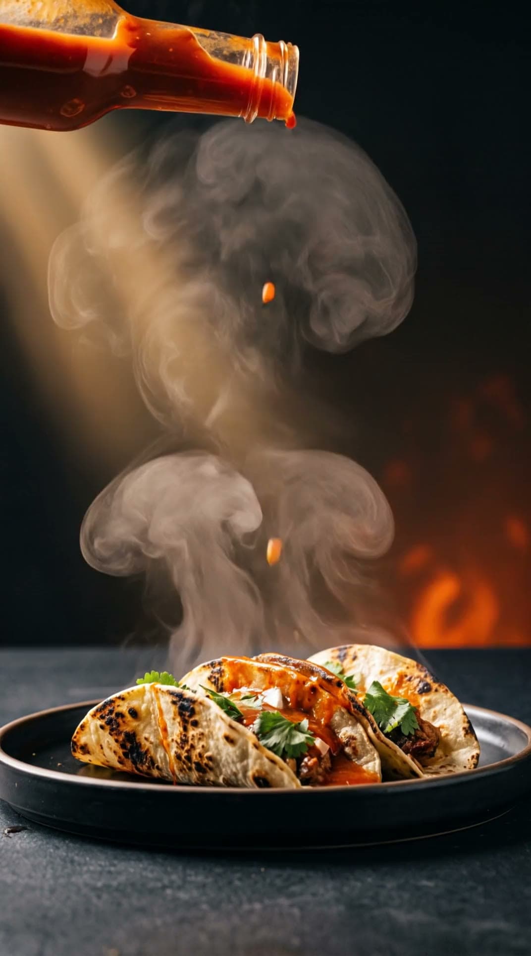 Video ad for Caldera hot sauce, a glowing pour landing on charred tacos in a warm beam, looping seamlessly
