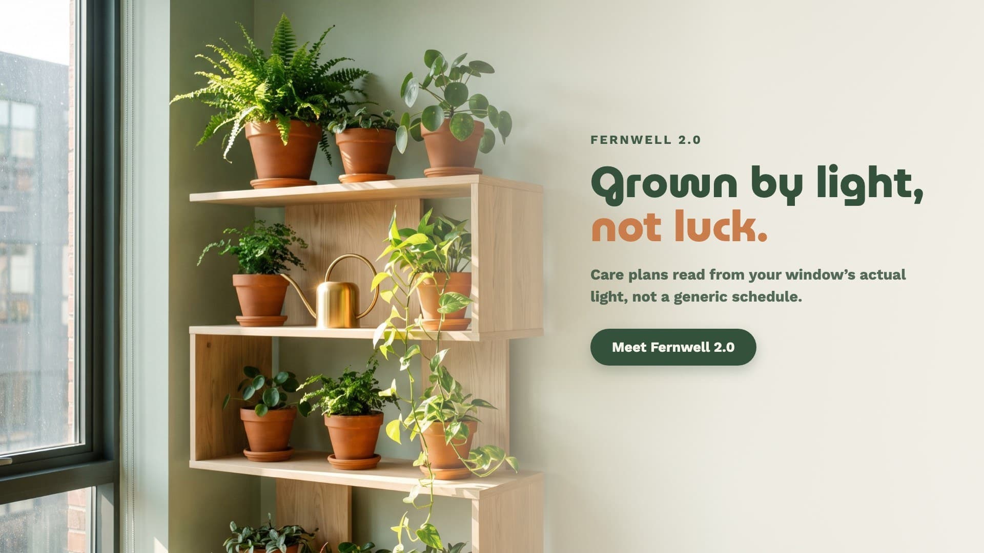 Web banner for Fernwell, a sunlit plant shelf beside the line grown by light, not luck, with the CTA meet Fernwell 2.0