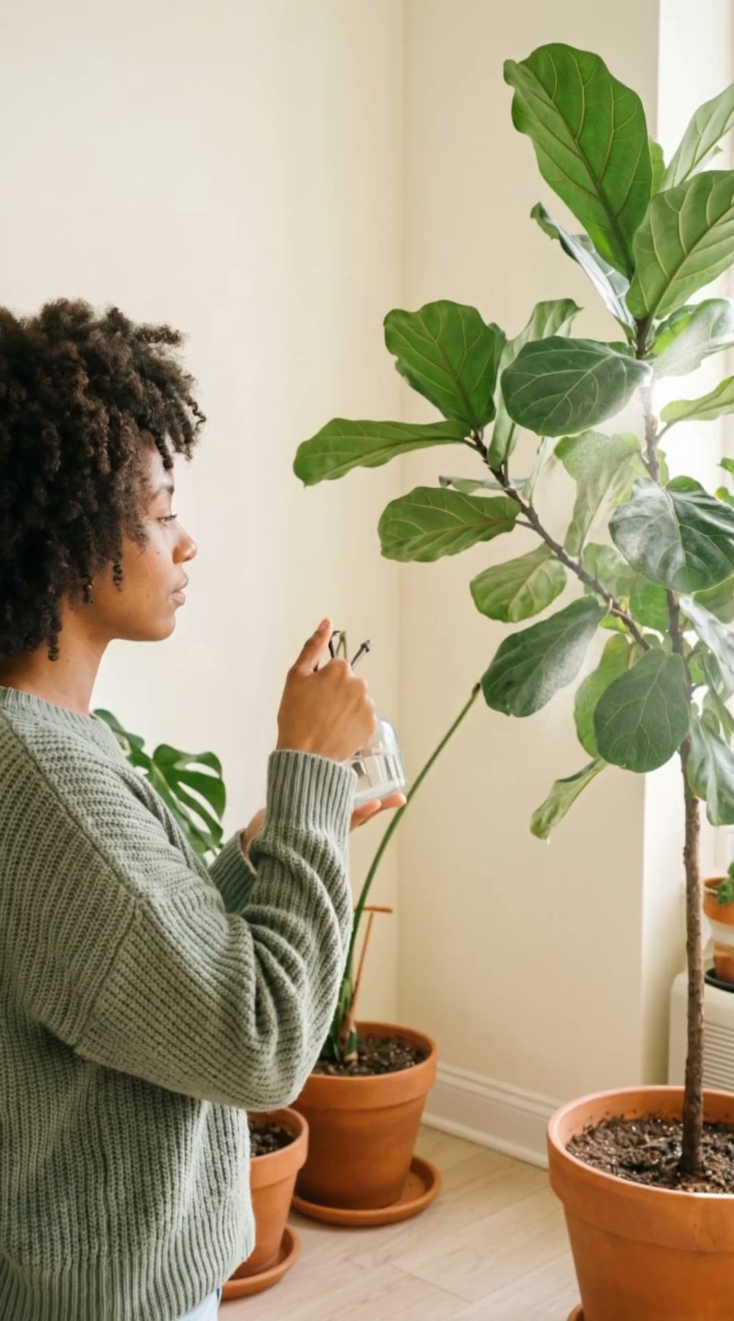 Cinemagraph for Fernwell, fine mist drifting through a sun beam over a fiddle leaf fig in a seamless loop