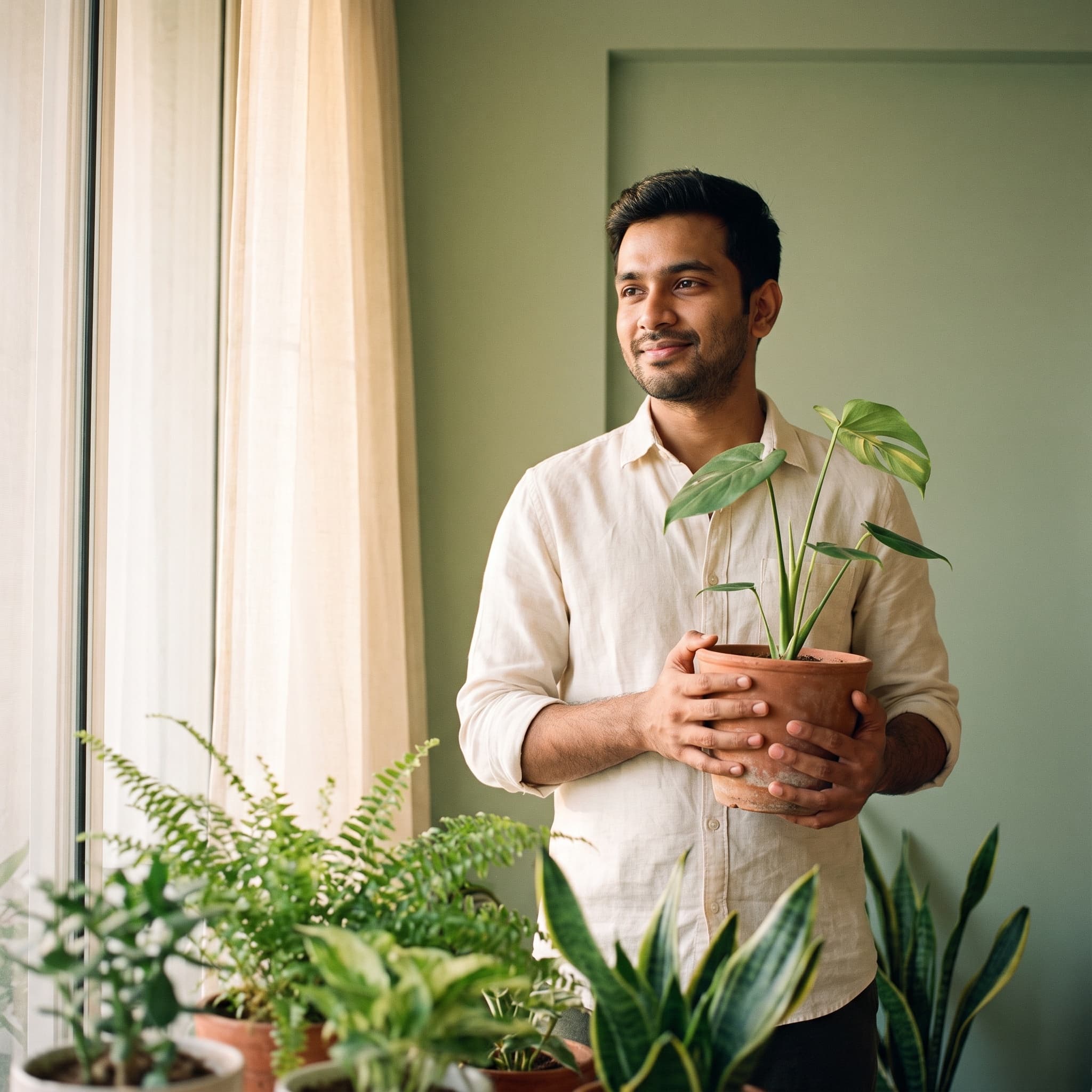 Social post for Fernwell, a man in cream linen holding a young monstera by a sunlit window