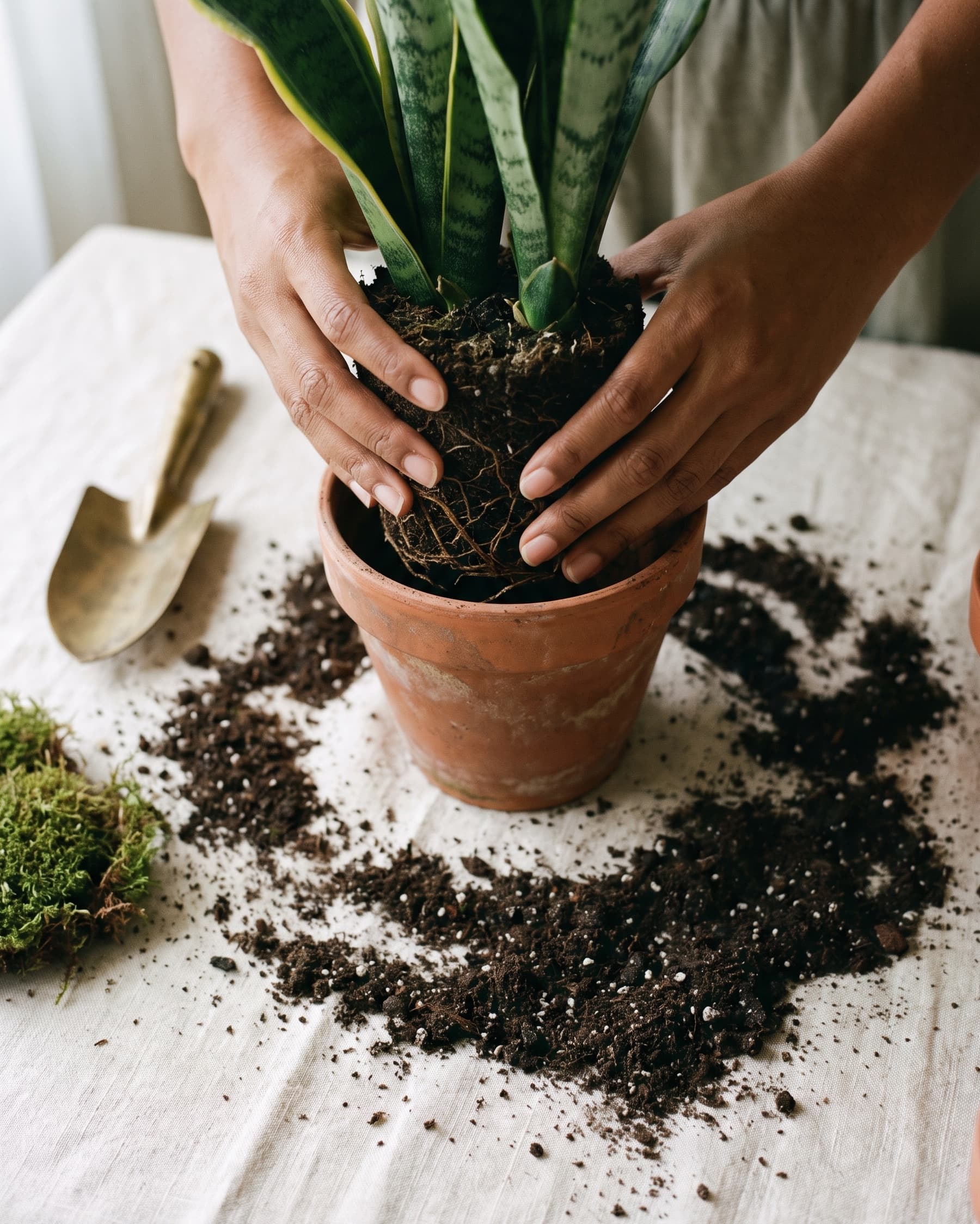 Blog image for Fernwell, an overhead repotting moment with a root ball, terracotta and a brass trowel