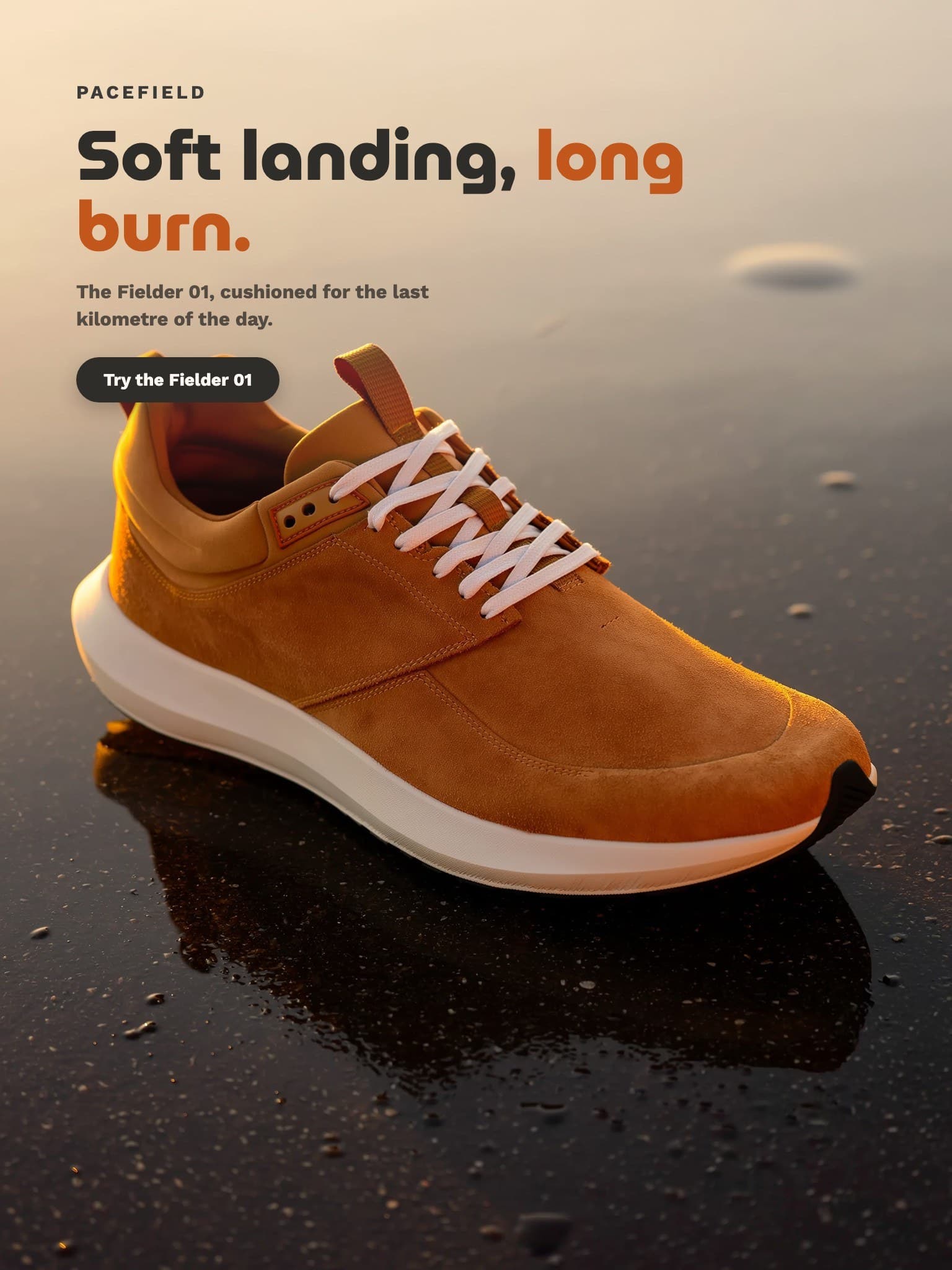 Static product ad for Pacefield running shoes: the Fielder 01 on wet asphalt at golden hour under the line soft landing, long burn