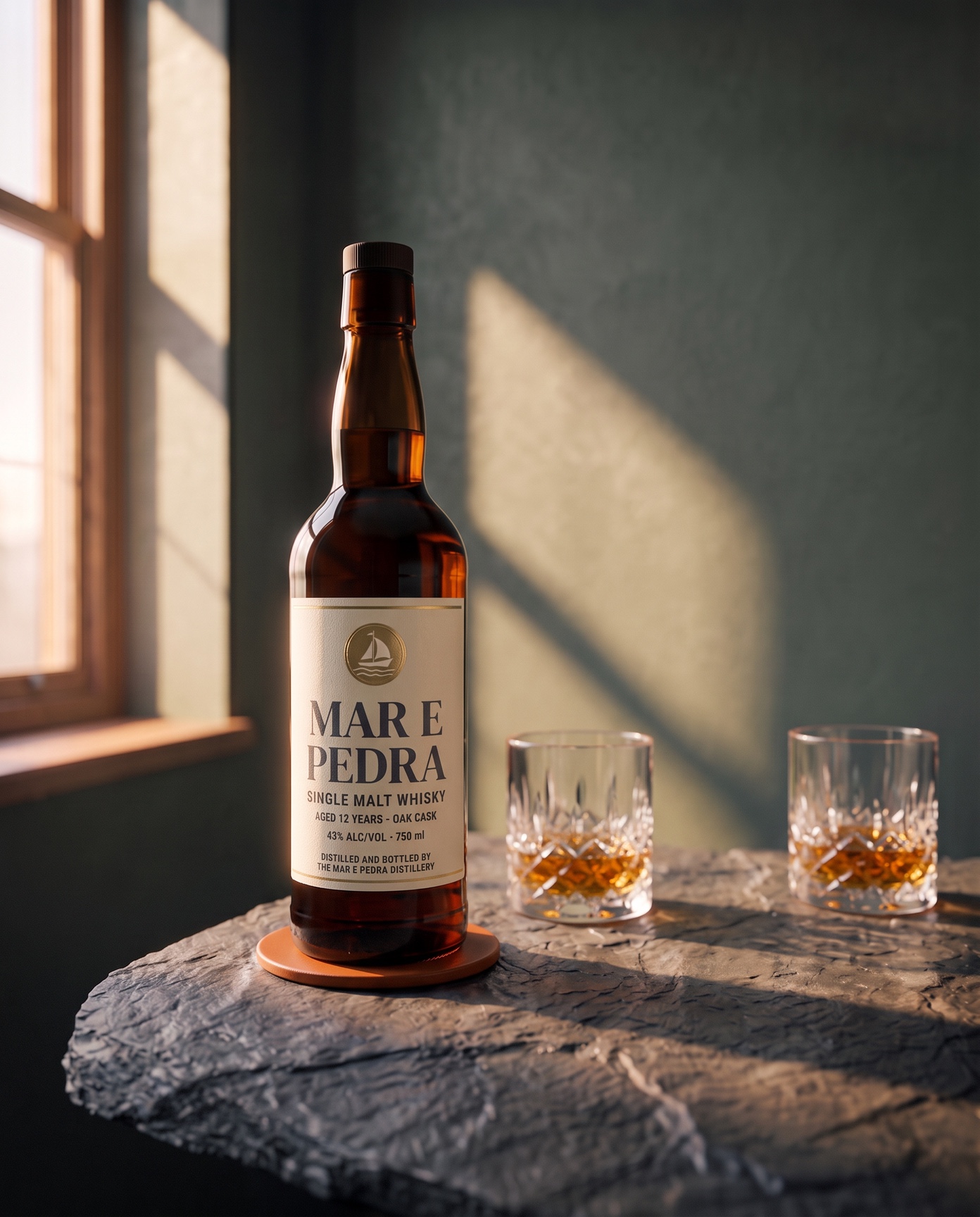 La pieza entregada, revisión 1. Una botella ámbar sobre una mesa de piedra junto a una ventana, con dos vasos de whisky al lado.